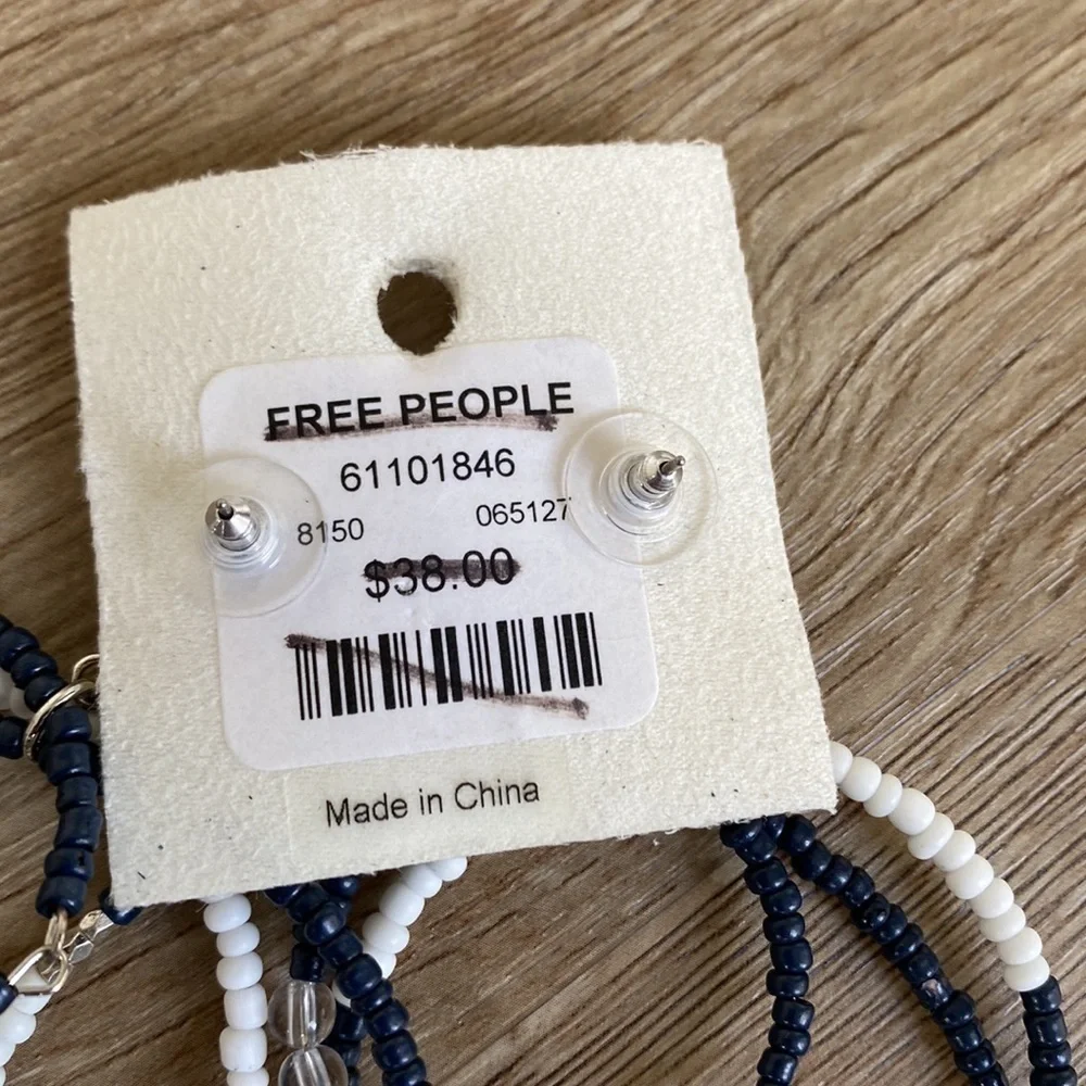 NEW NWT Free People navy Blue White Beaded Hoop Landslide Earrings Layered